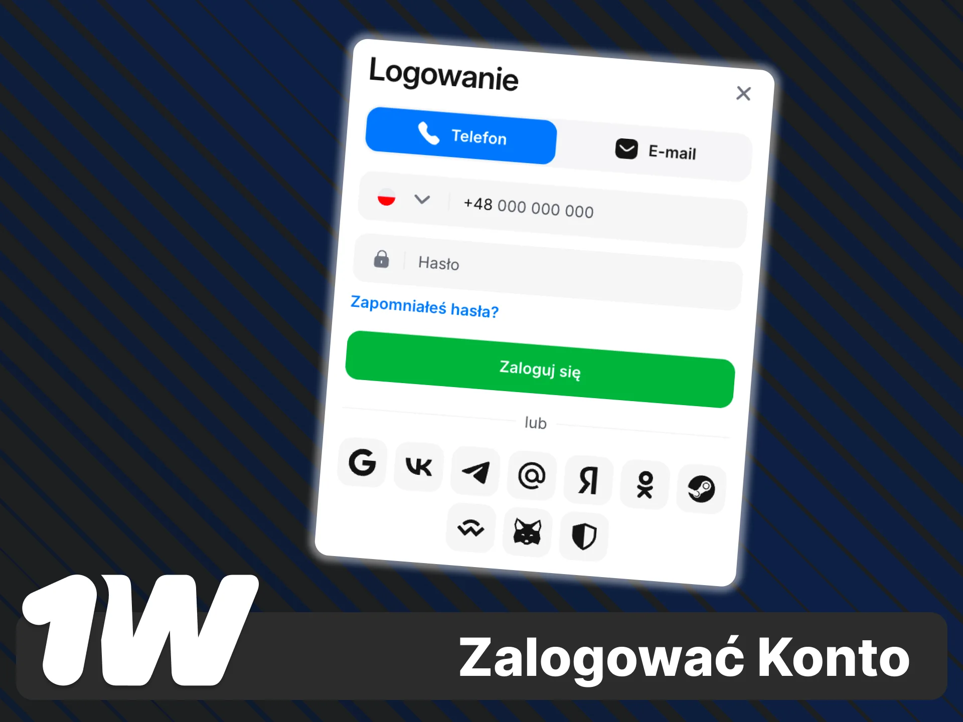Zaloguj się na konto 1w przez e-mail lub numer telefonu.