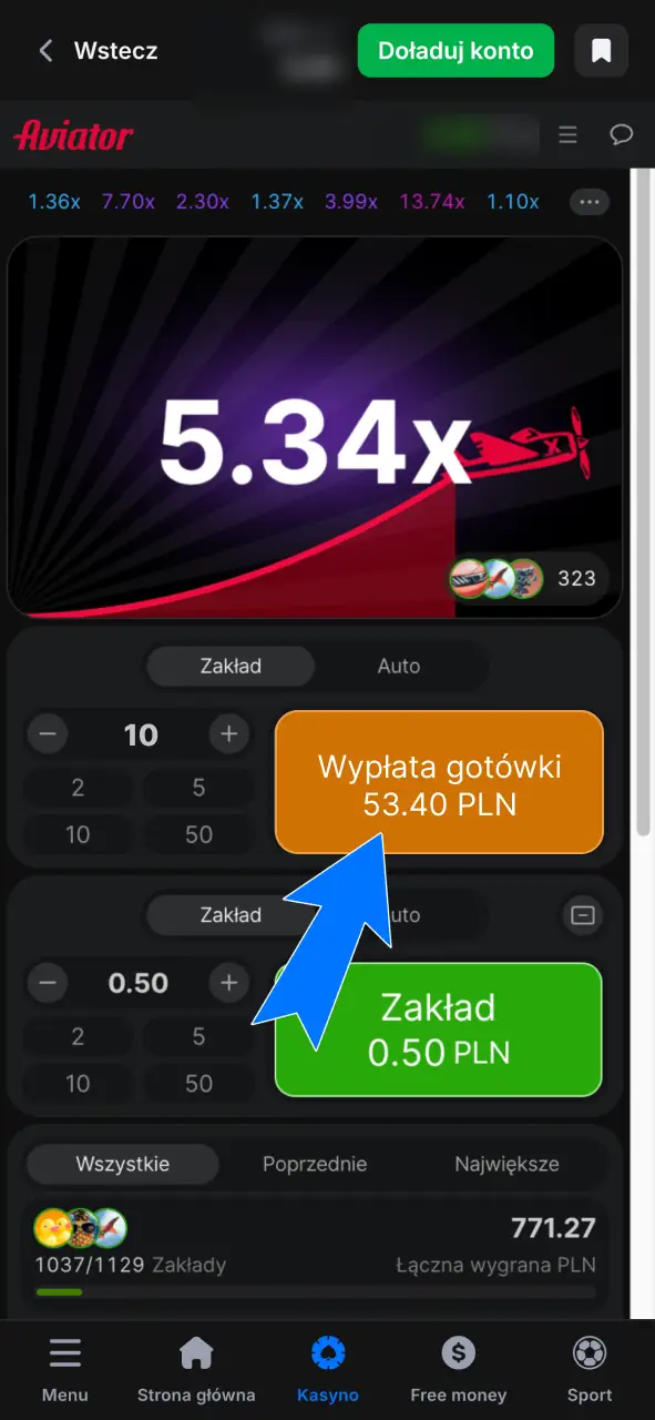 Naciśnij przycisk Wypłać zanim samolot odleci i zgarnij wygraną w 1w.