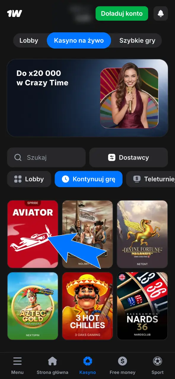Odkryj jak łatwo znaleźć grę Aviator w sekcji Kasyno na platformie 1w.