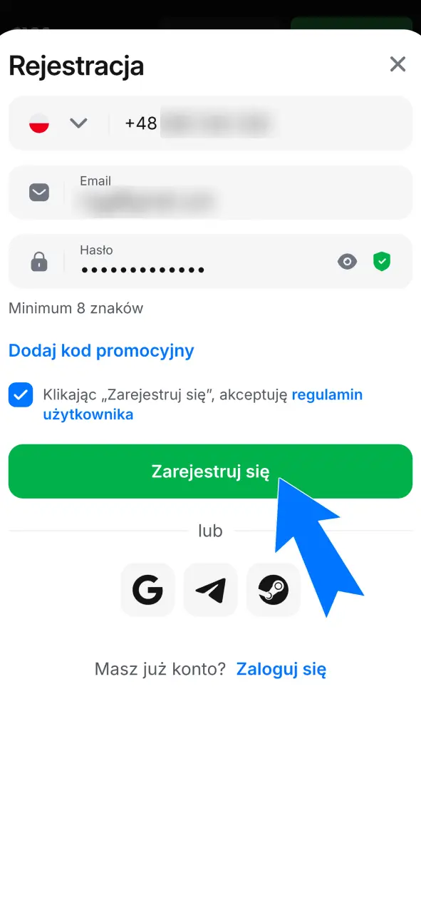 Kliknij Zarejestruj się i wypełnij formularz zakładania konta w 1w.