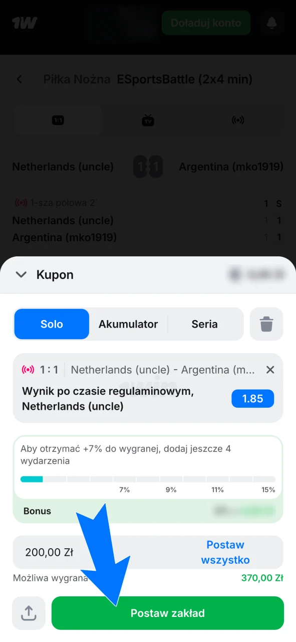 Kliknij Postaw zakład w 1w i natychmiast potwierdź swój kupon.