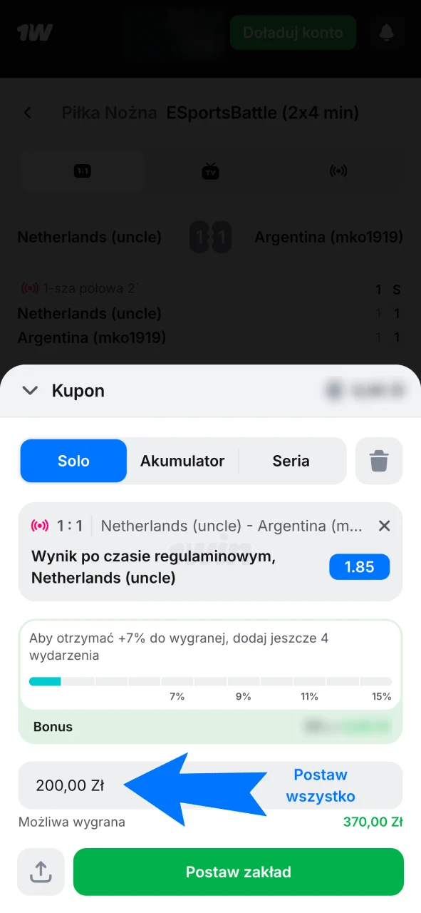 Wpisz kwotę zakładu w kuponie i sprawdź potencjalną wygraną w 1w.