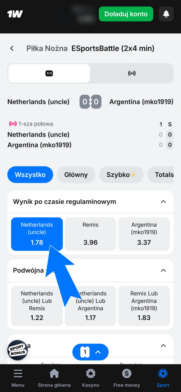 Wybierz mecz i typuj wynik lub handicap na platformie 1w.