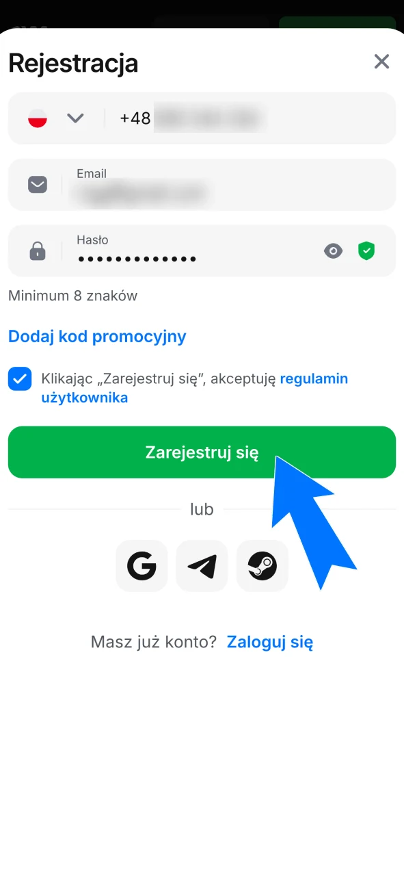 Zaloguj się na konto w 1w podając numer telefonu lub adres email.