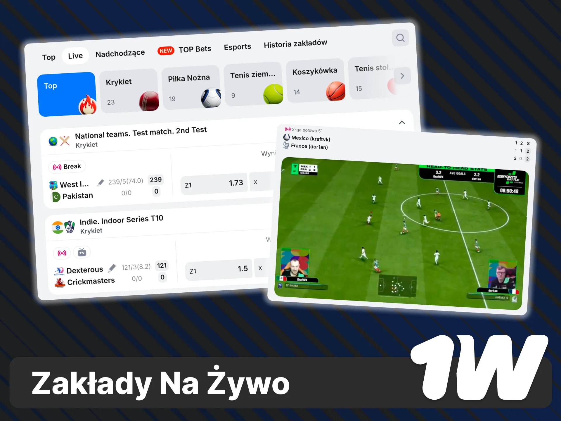 Stawiaj zakłady na żywo w 1w i śledź dynamiczne kursy w trakcie meczu.