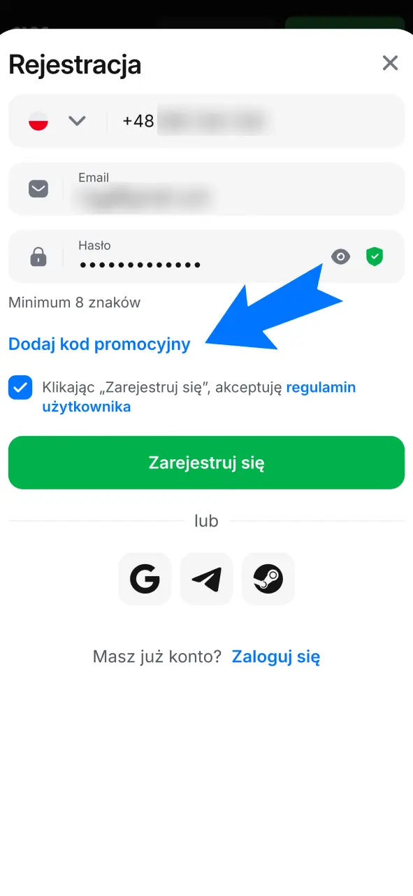 Rozwiń pole na kod promocyjny w formularzu rejestracyjnym platformy 1w.