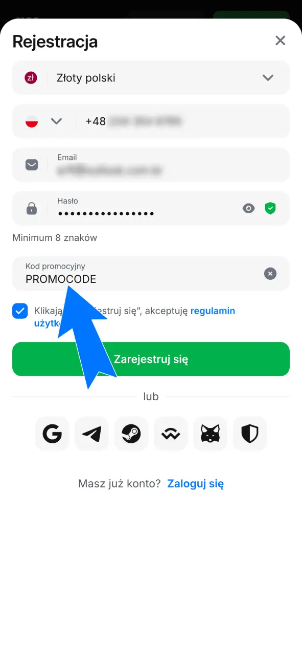 Wprowadź aktualny kod w formularzu rejestracyjnym i aktywuj bonus w 1w.