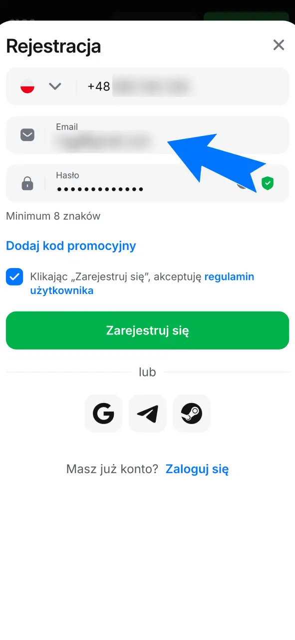 Podaj numer telefonu lub e-mail i wybierz walutę konta w 1w.