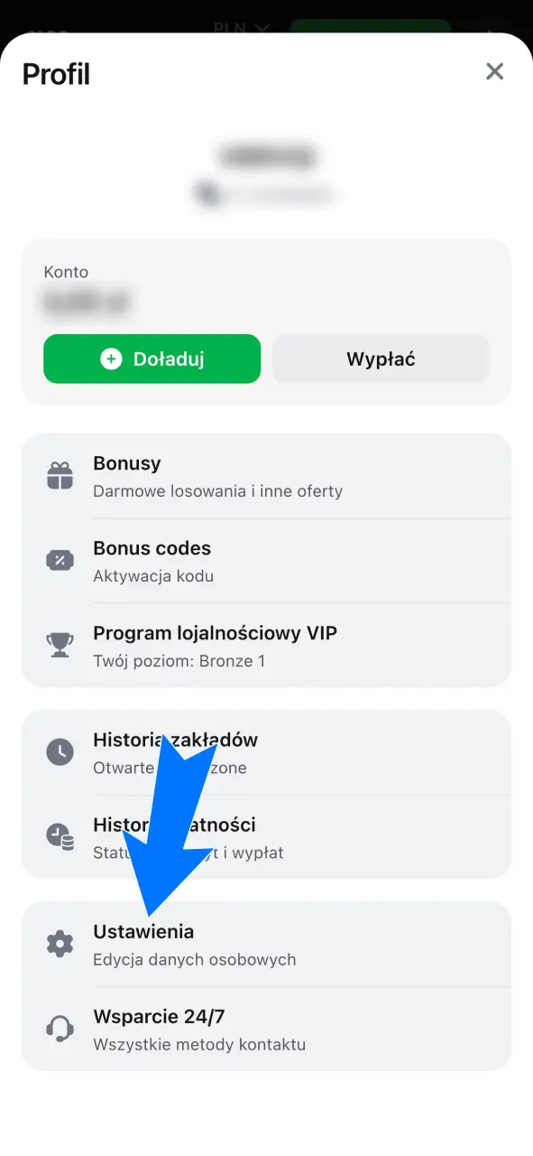 Przejdź do ustawień konta i otwórz profil w aplikacji 1w.
