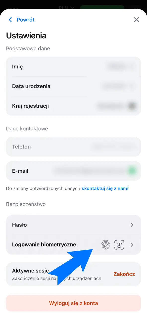 Włącz opcję Logowanie biometryczne i potwierdź użycie odcisku palca w 1w.