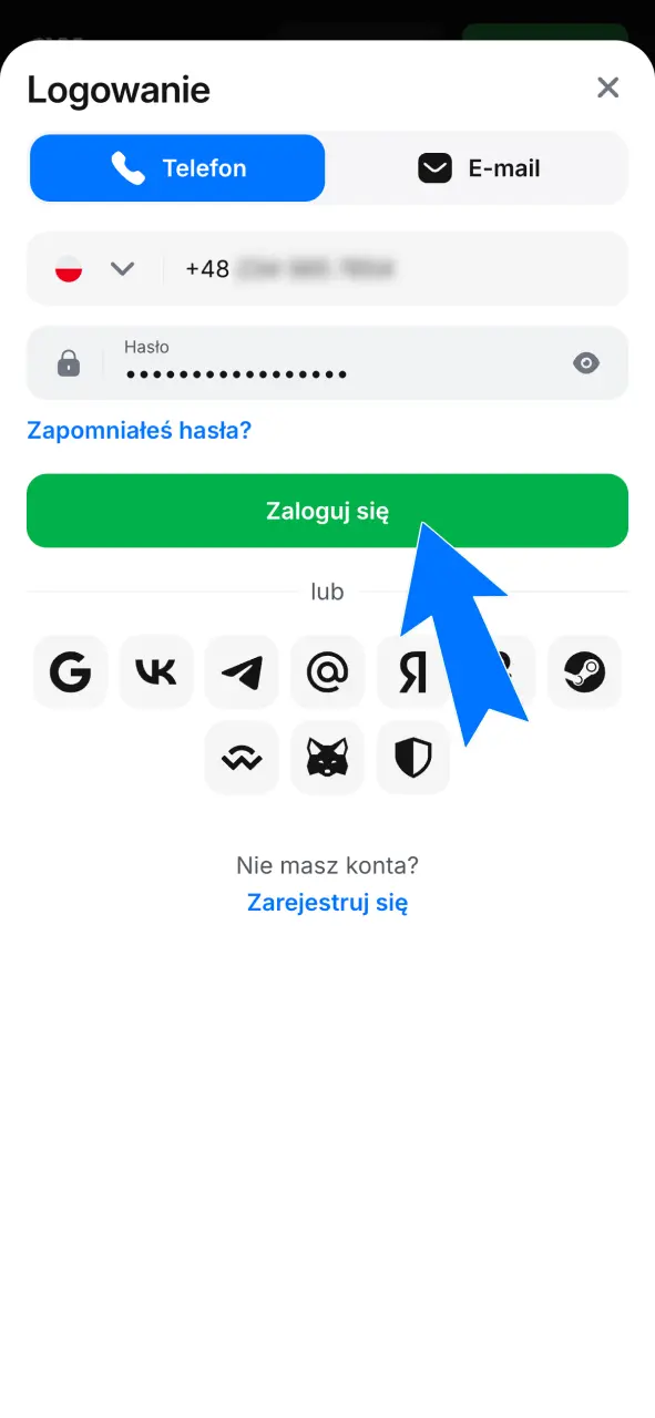 Zaloguj się do aplikacji 1w przez telefon lub e-mail używając hasła.