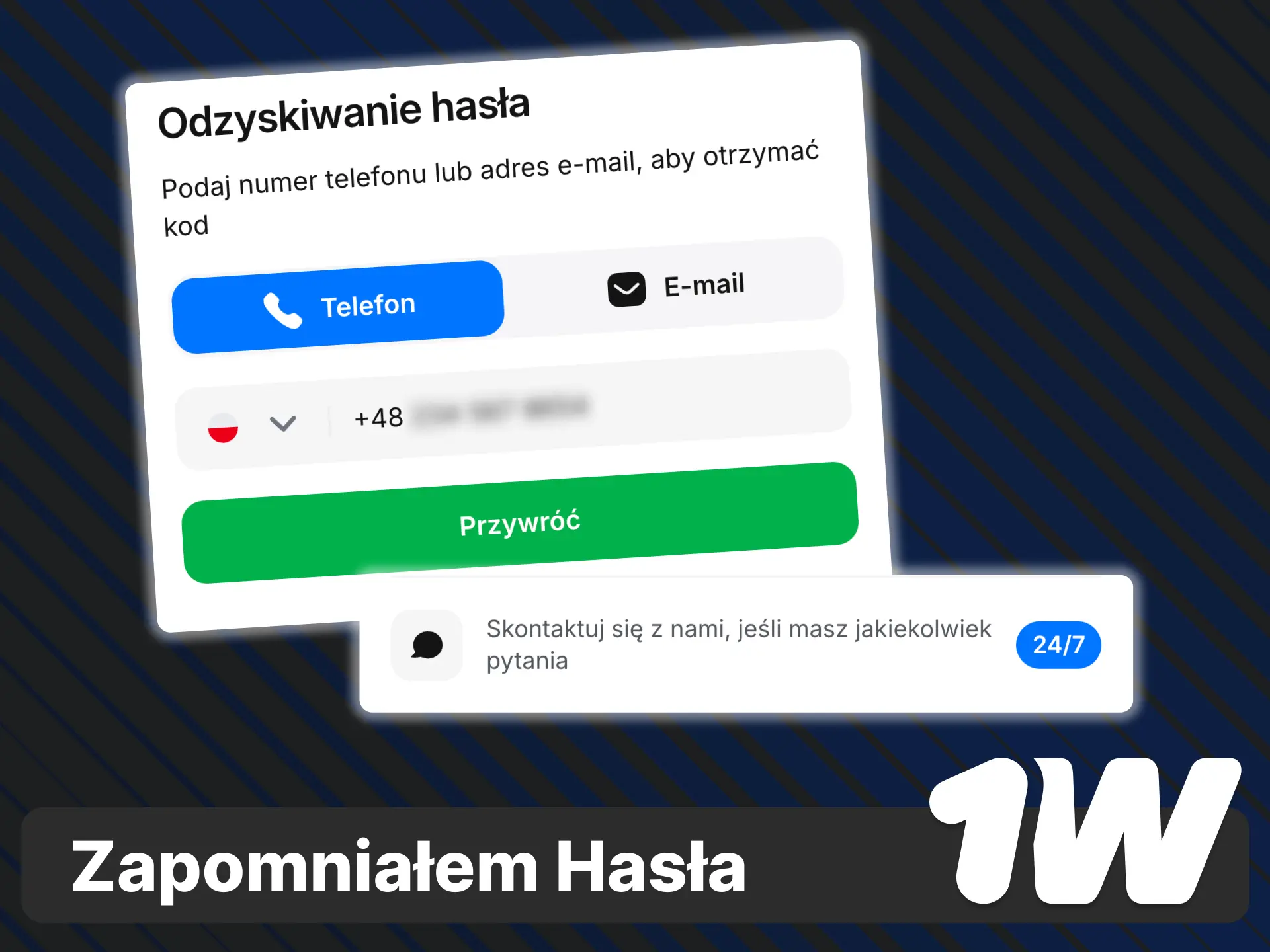 Odzyskaj dostęp do konta 1w wpisując numer telefonu lub adres e-mail.