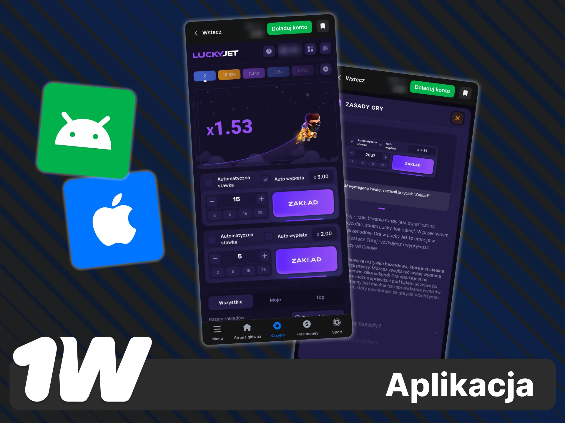 Pobierz aplikację 1w na Android i iOS, aby grać w Lucky Jet na telefonie.