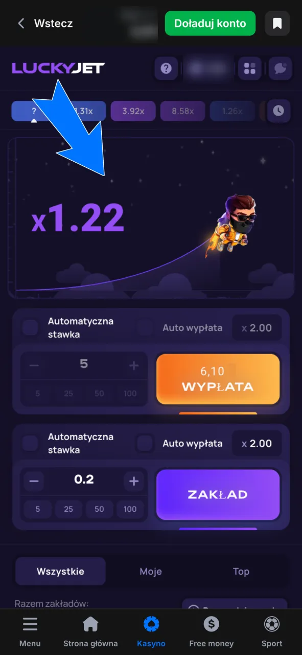 Obserwuj lot Lucky Joe i rosnący mnożnik od 1x po starcie rundy w 1w.