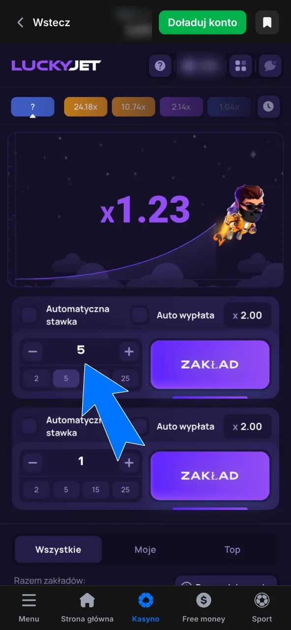 Ustaw kwotę stawki i potwierdź swój udział przed startem rundy w 1w.