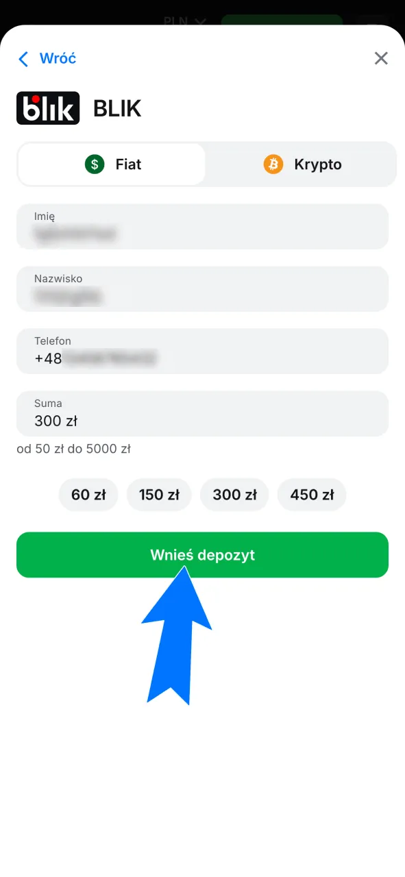 Podaj kwotę wpłaty i przejdź do zatwierdzenia transakcji w 1w.
