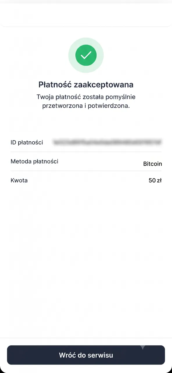 Zaczekaj kilka minut na przetworzenie płatności w sieci i doładowanie konta w 1w.