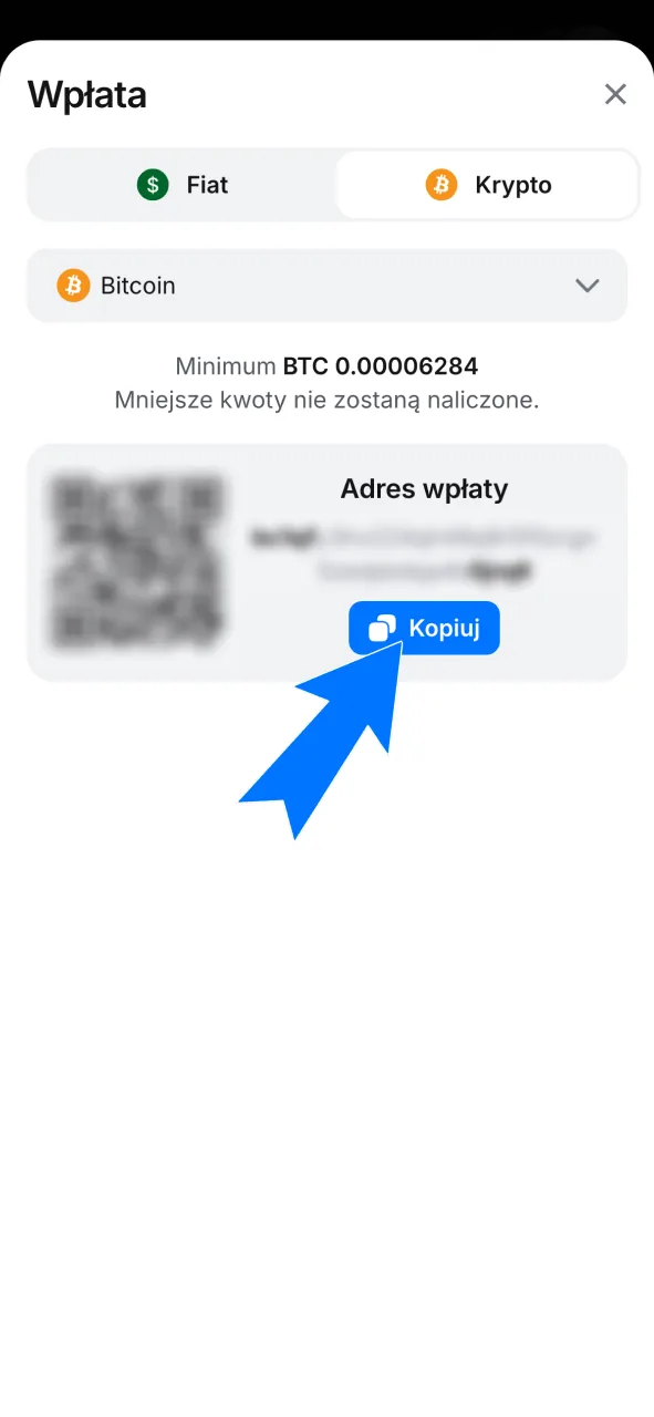 Skopiuj unikalny adres portfela wygenerowany dla Twojej transakcji w 1w.