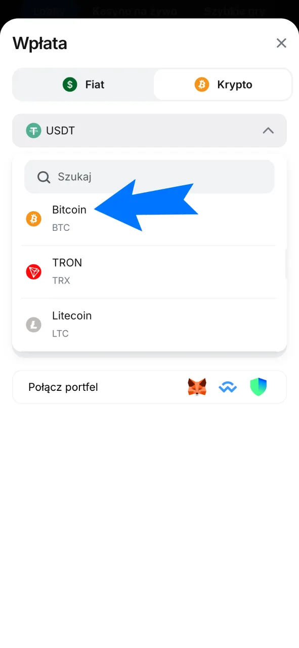 Wybierz kryptowalutę Bitcoin, Ethereum lub USDT z listy metod płatności w 1w.