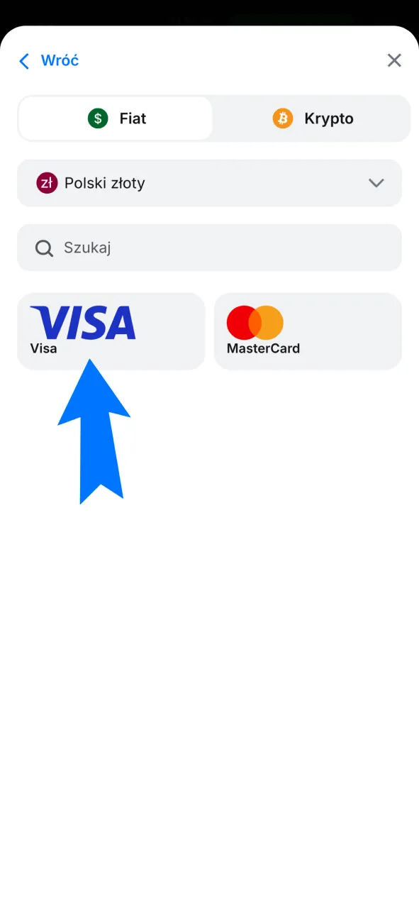 Wybierz kartę Visa lub Mastercard z listy dostępnych metod płatności w 1w.
