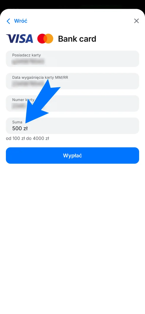 Podaj kwotę wypłaty środków i przejdź do realizacji transakcji w 1w.