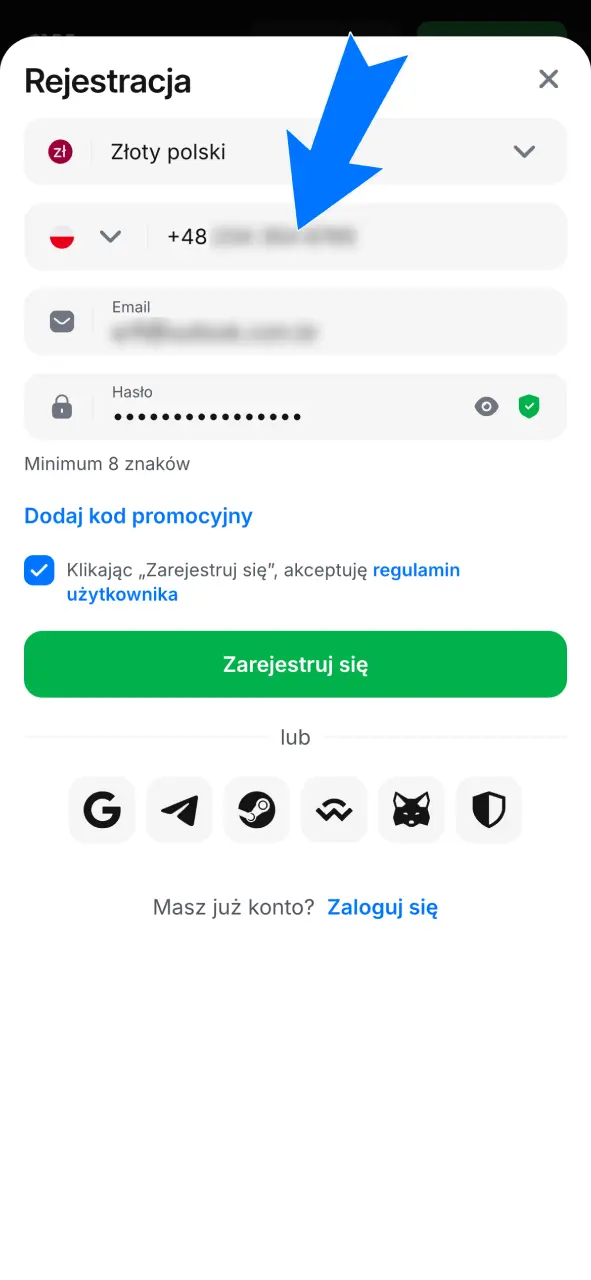 Wpisz adres e-mail oraz bezpieczne hasło podczas rejestracji w 1w.