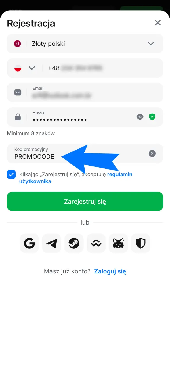 Kliknij Dodaj kod promocyjny i wpisz kod rabatowy podczas rejestracji w 1w.