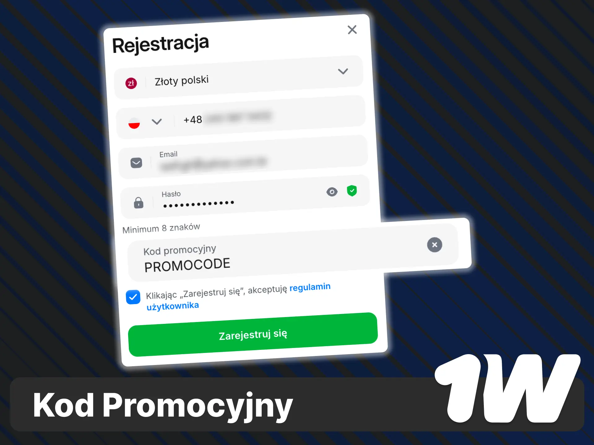 Kliknij Dodaj kod promocyjny w formularzu rejestracyjnym platformy 1w.