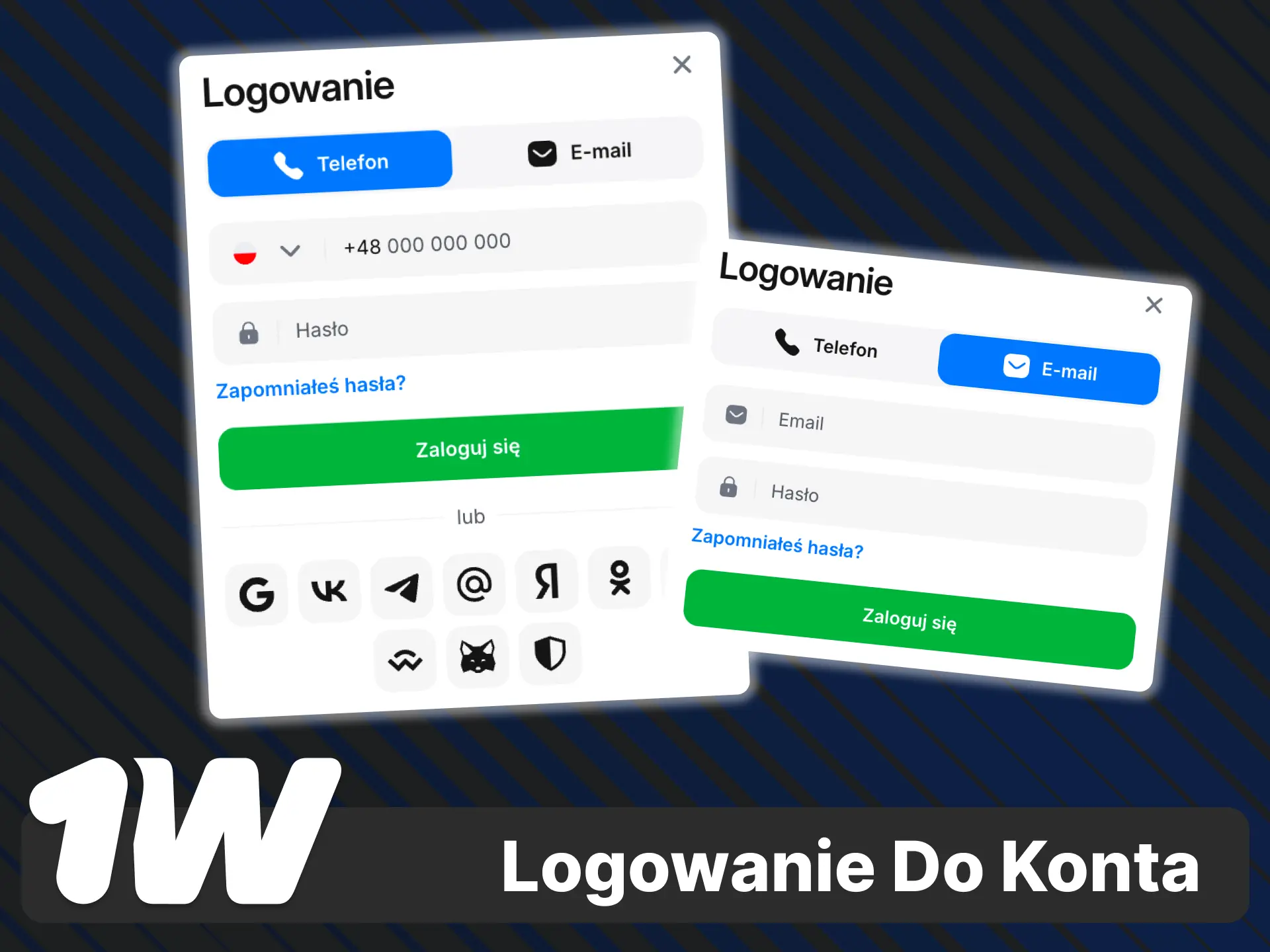 Zaloguj się do konta 1w przez e-mail, numer telefonu lub media społecznościowe.
